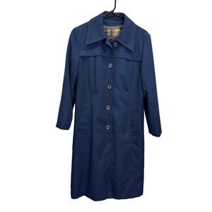 Vintage 70s ILGWU Navy Trench Car Coat Zip Out Plaid Liner Womens Size 12 USA